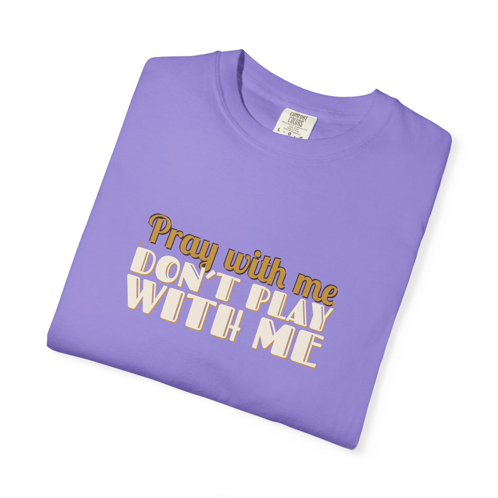 Pray With Me lettering design on folded Violet tee, front view