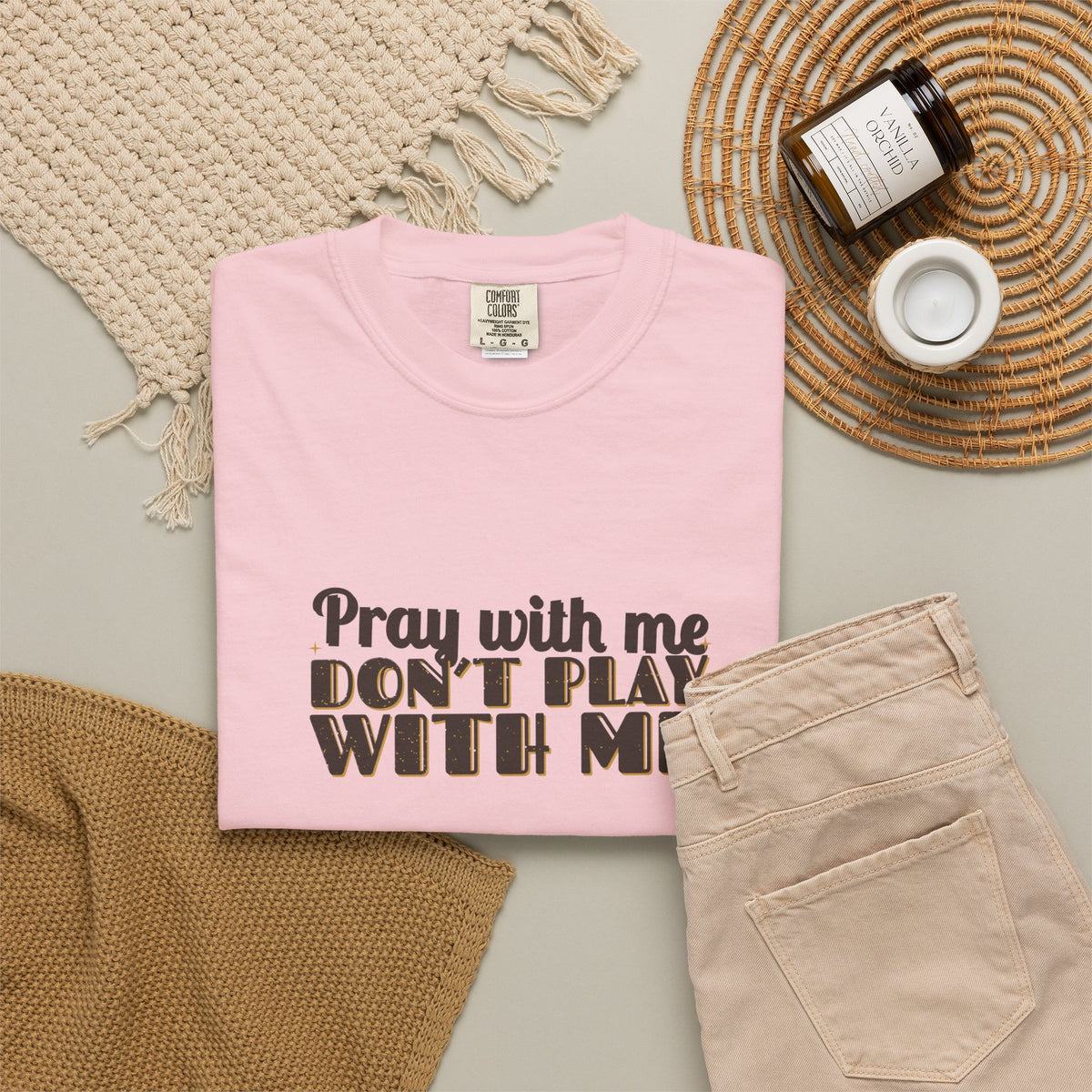 Pray With Me lettering design on Blossom tee, flat lay, front view