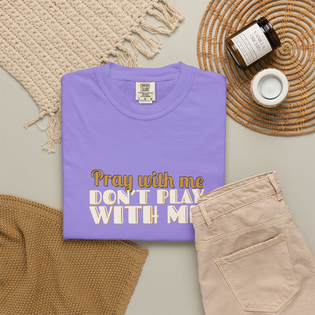 Pray With Me lettering design on Violet tee, flat lay, front view
