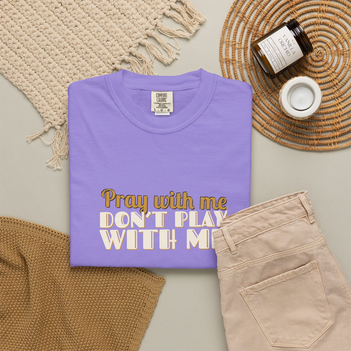 Pray With Me lettering design on Violet tee, flat lay, front view