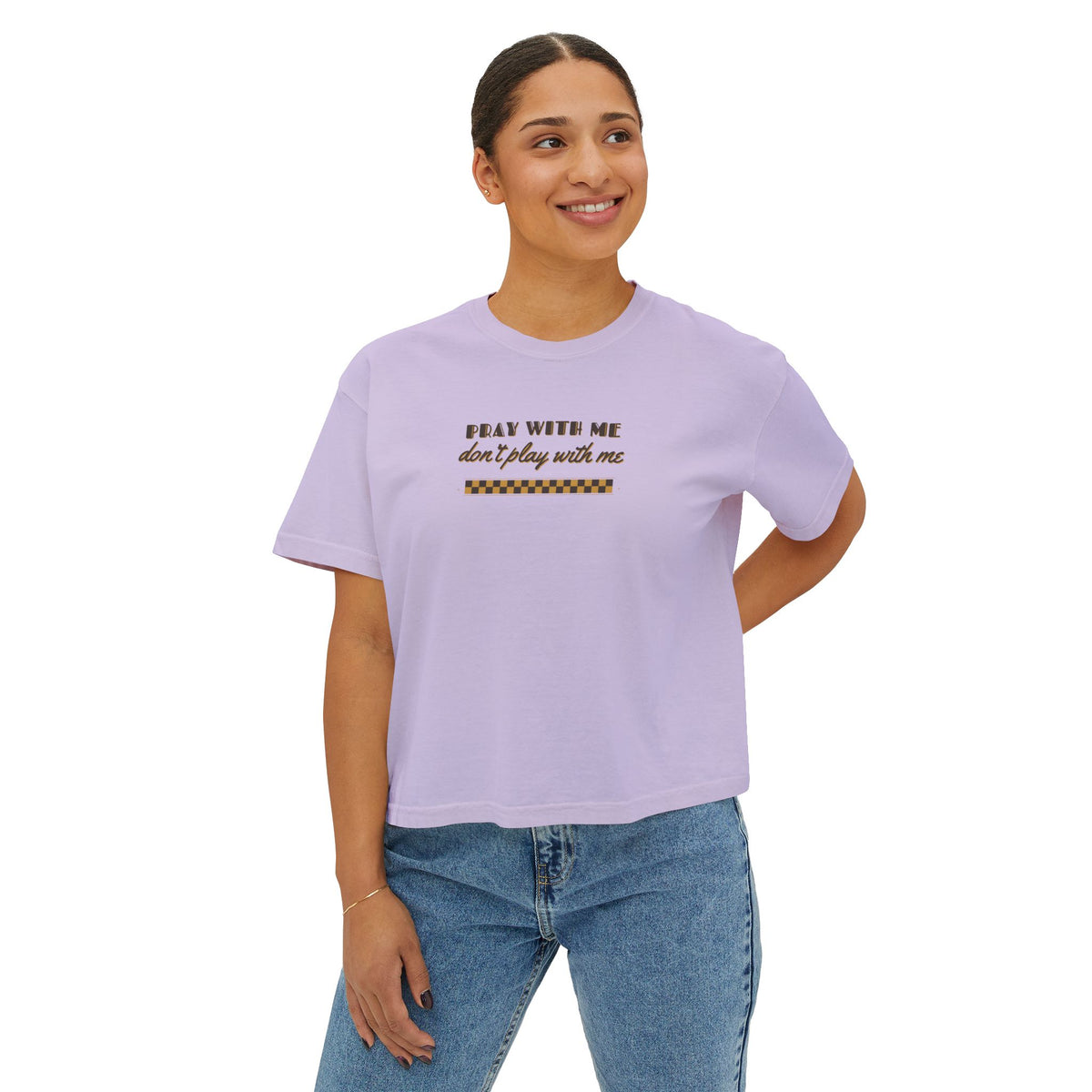 Pray With Me lettering design on Orchid women's boxy tee, worn by a model, front view
