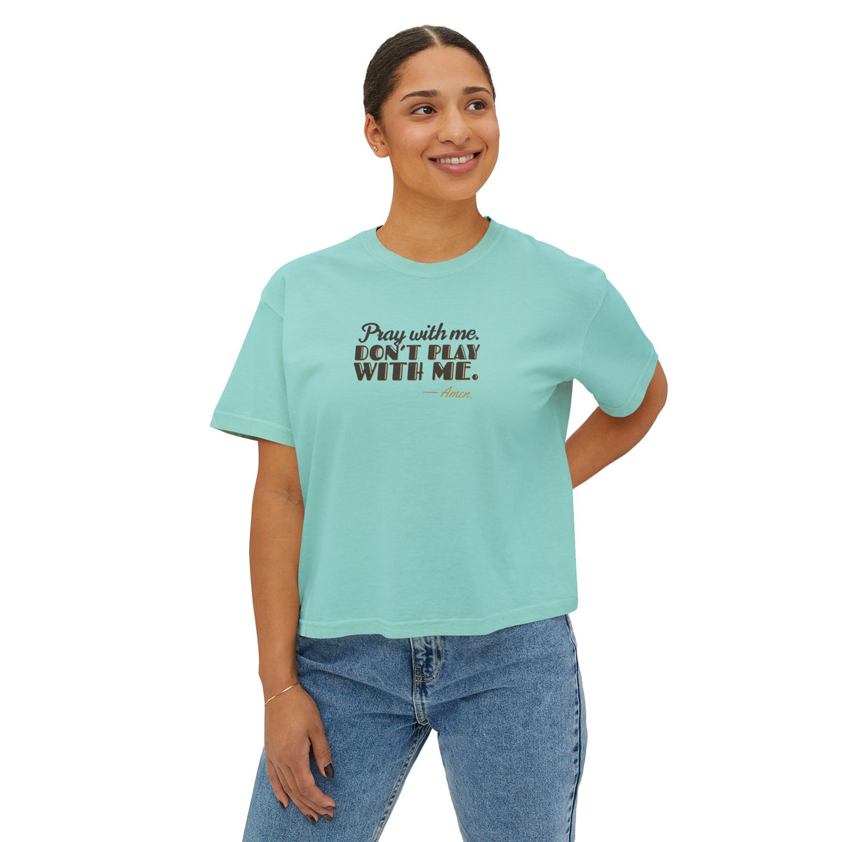 Pray With Me lettering design on Chalky Mint women's boxy tee, worn by a model, front view