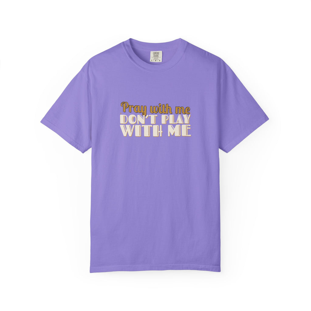 Pray With Me lettering design on Violet tee, front view