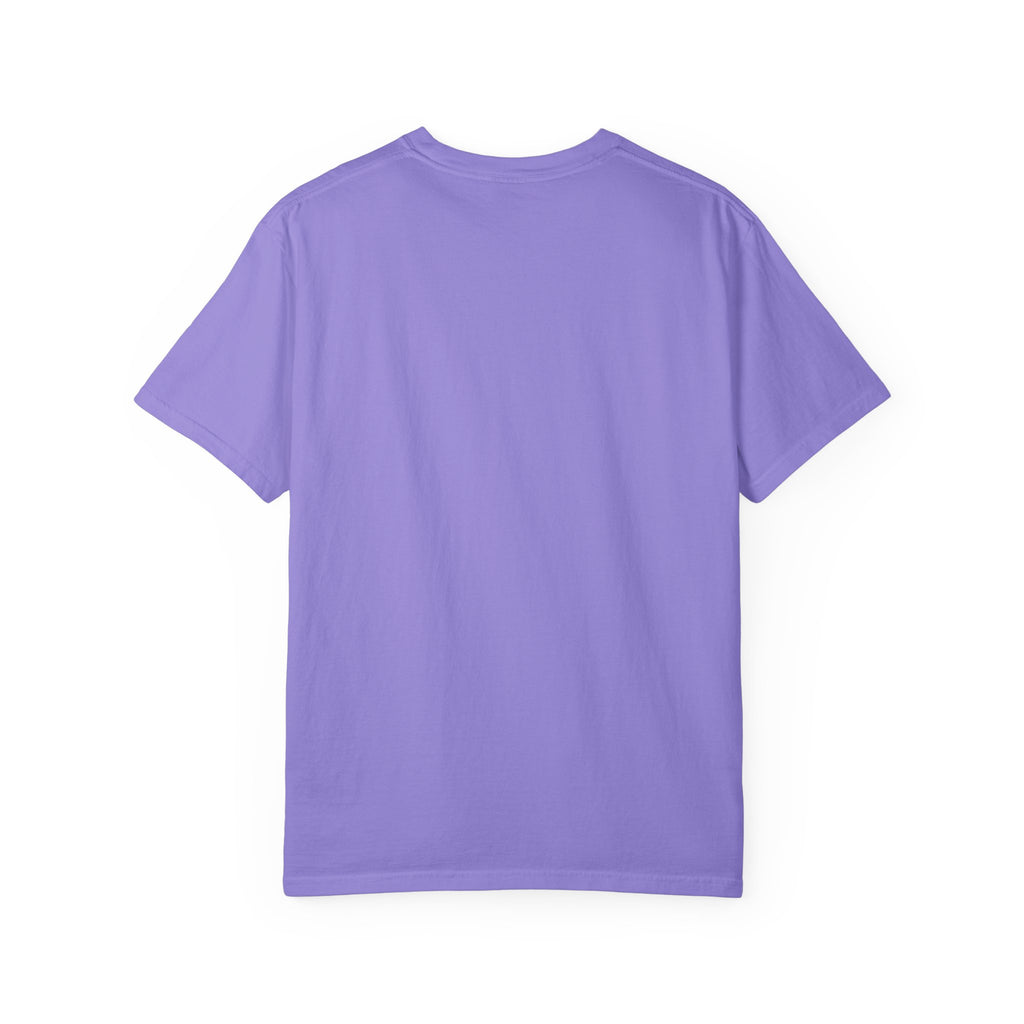 Pray With Me lettering design on Violet tee, back view