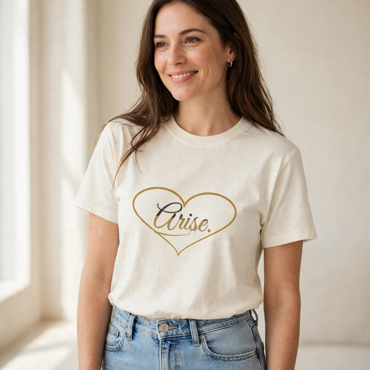 Arise. crewneck shown on a model