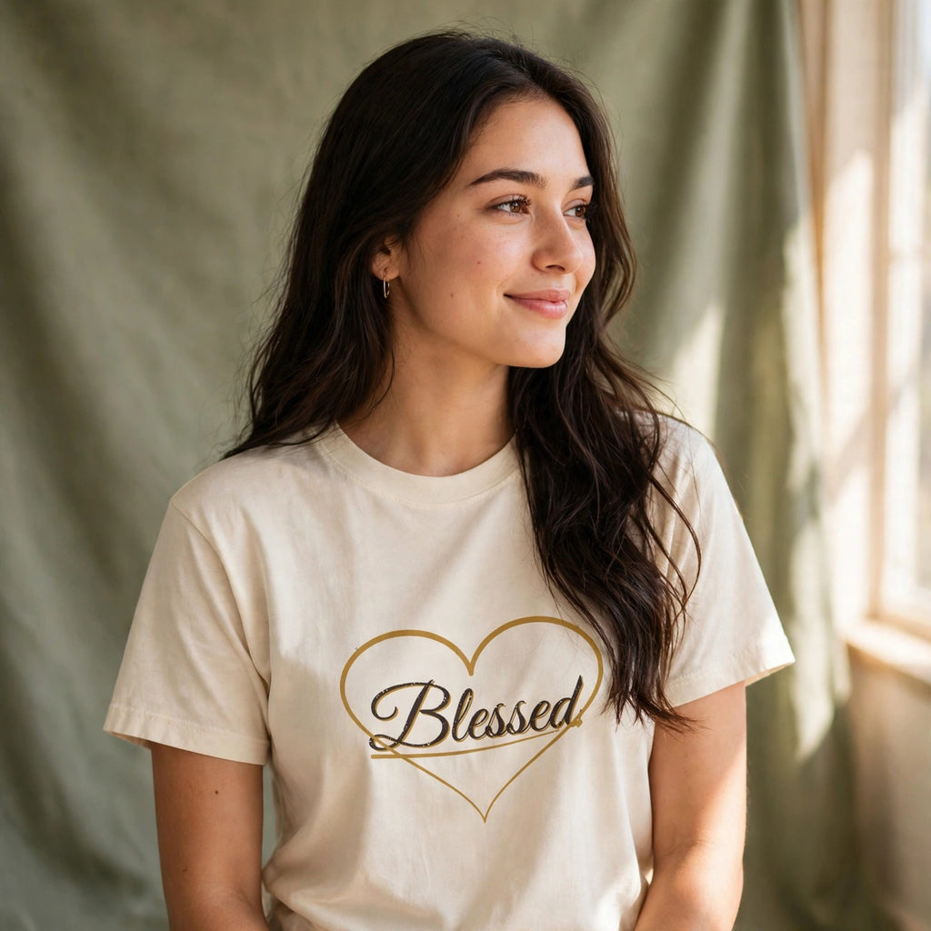 Blessed Heart Script crewneck shown on a model