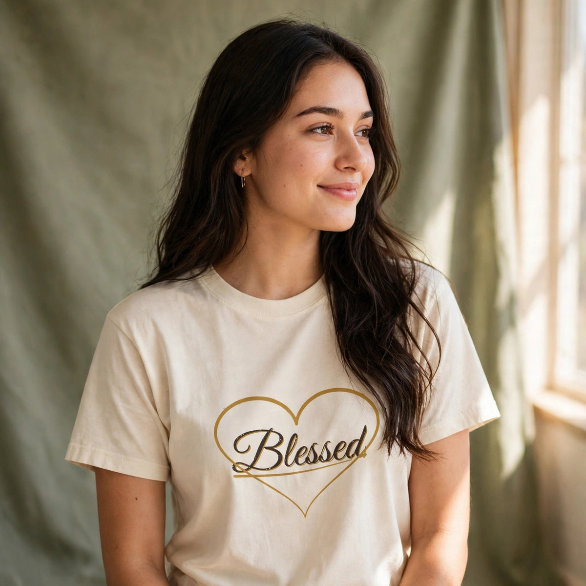 Blessed Heart Script crewneck shown on a model