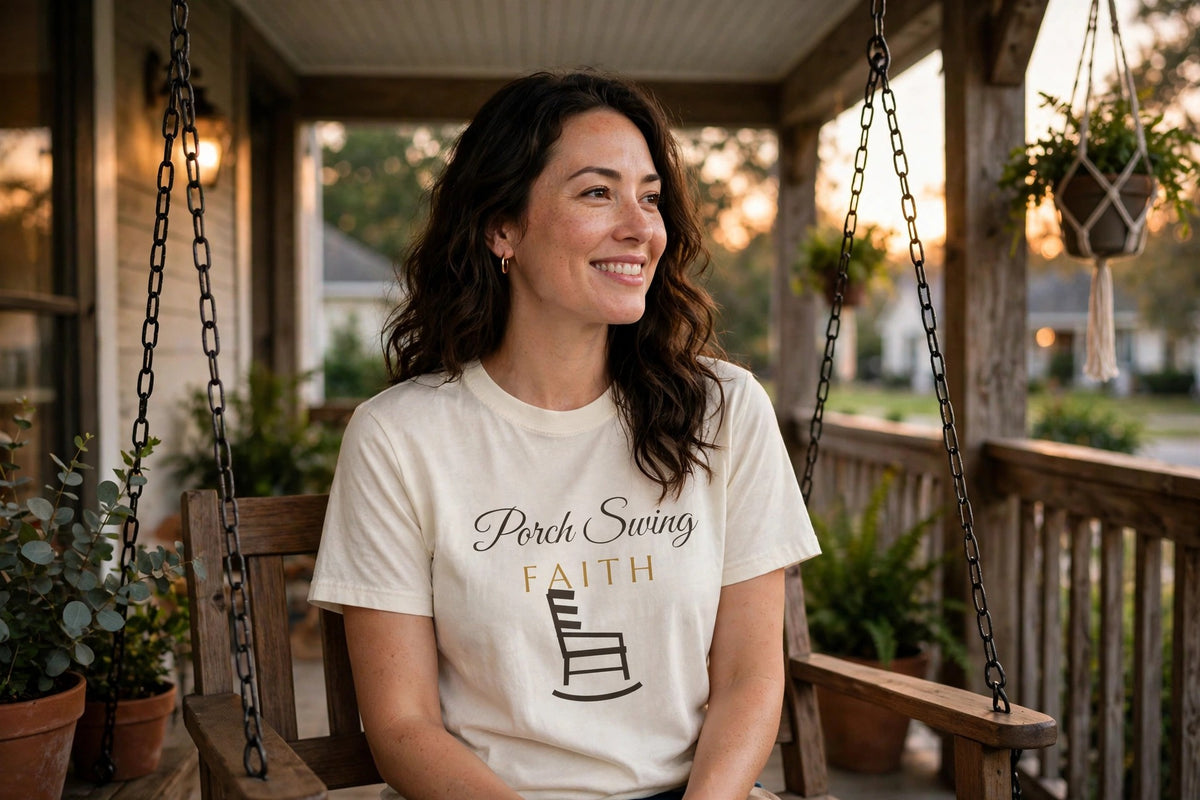 Porch Swing Faith long sleeve tee shown on a model